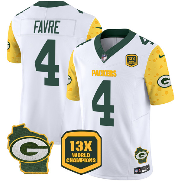Men's Green Bay Packers #4 Brett Favre Cheese White 2024 F.U.S.E. 13 Time World Champions And Home Patch Vapor Untouchable Limited Stitched Football Jersey Men's Green Bay Packers #4 Brett Favre Cheese White 2024 F.U.S.E. 13 Time World Champions And Home Patch Vapor Untouchable Limited Stitched Football Jersey